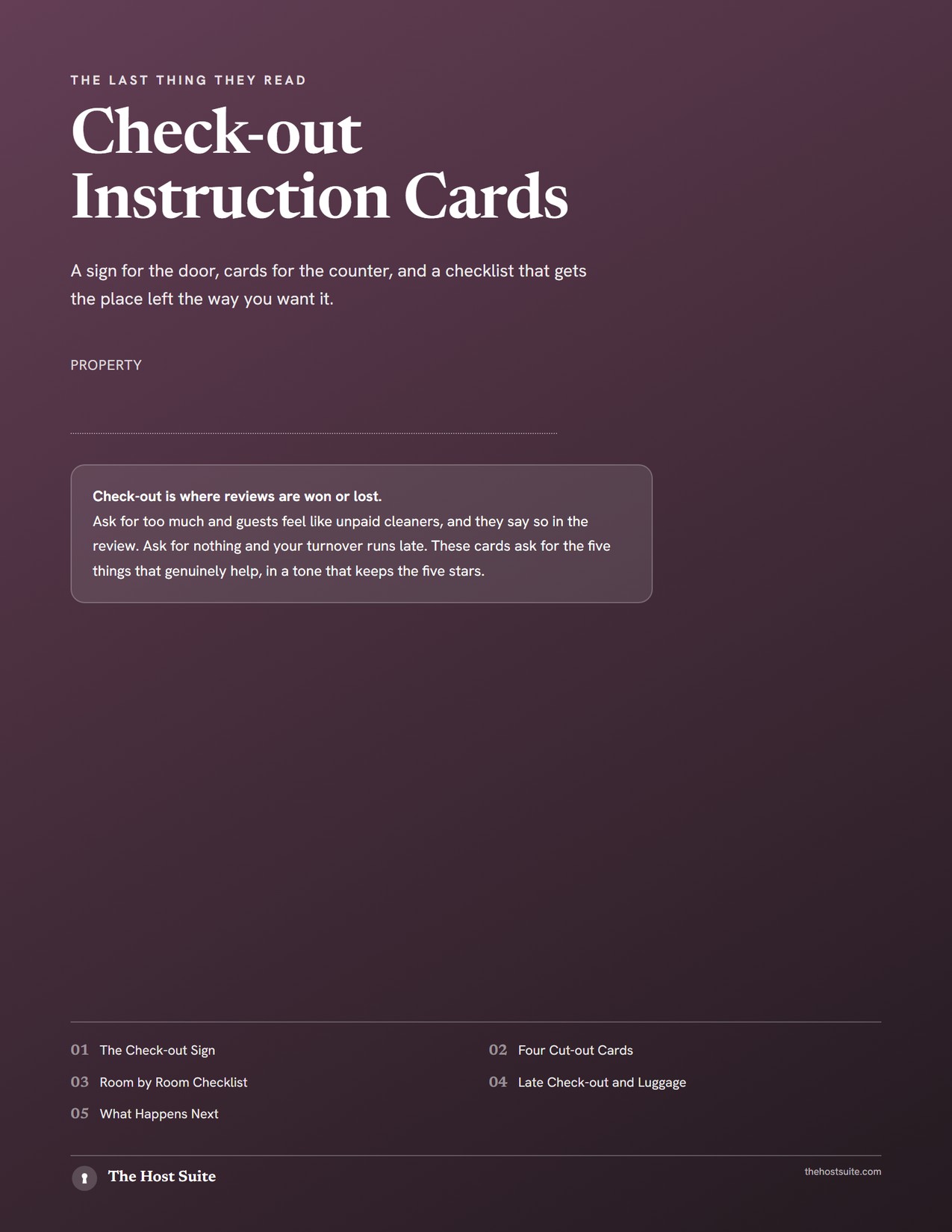 Check-out Instruction Cards cover, a sign and four cut-out cards