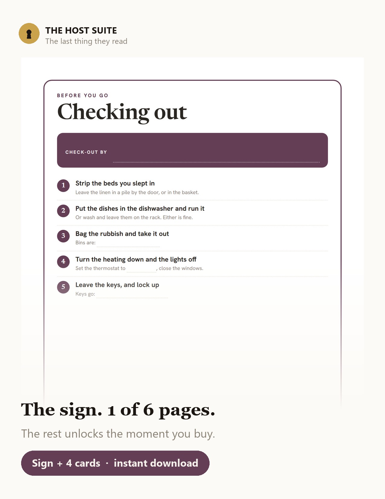 Preview of the one-page check-out sign