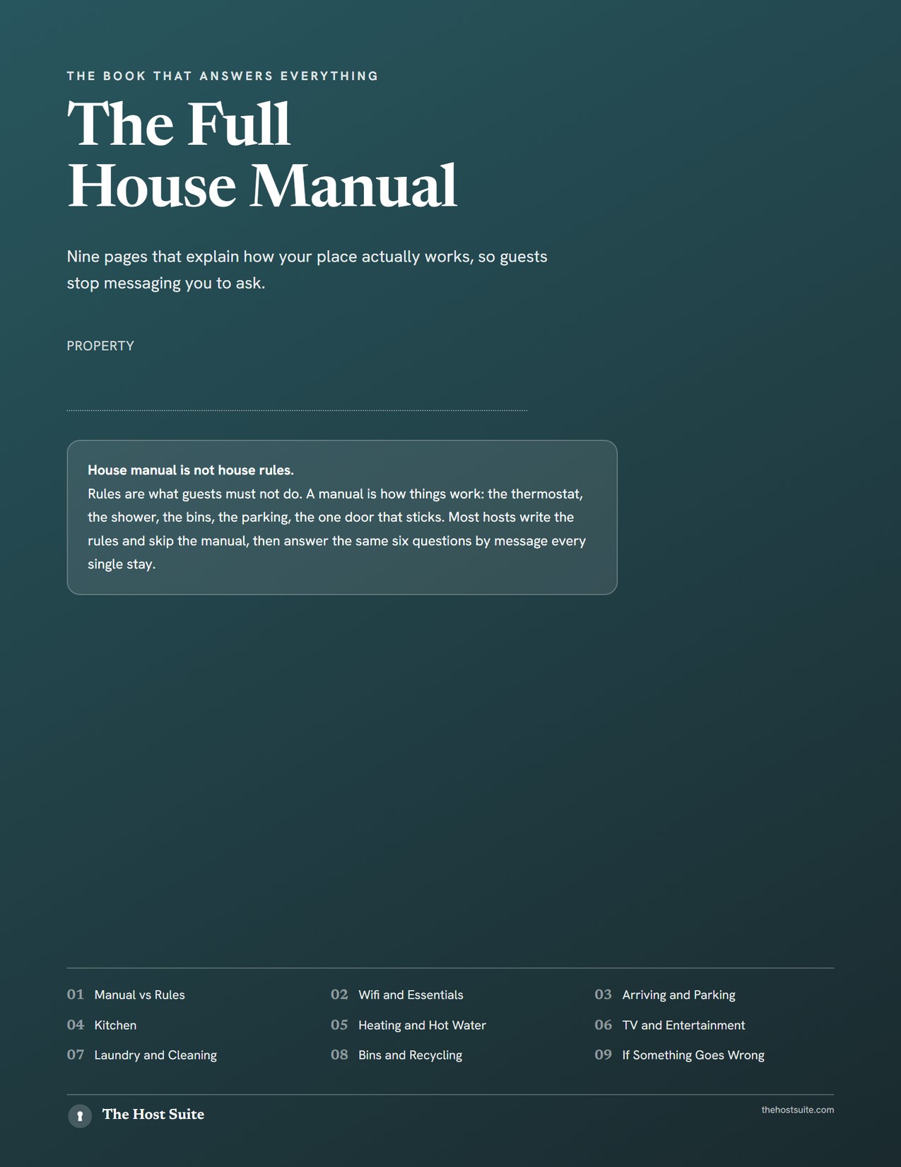 The Full House Manual cover, nine pages explaining how the property works