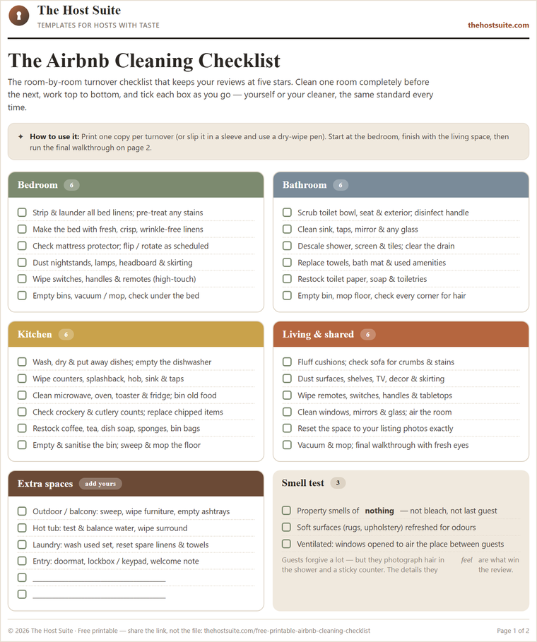 Preview of the free printable Airbnb cleaning checklist