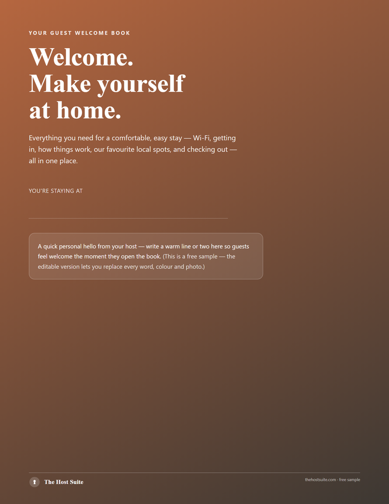 Cover page of the free Airbnb welcome book template, a warm terracotta welcome cover with a personal note from the host
