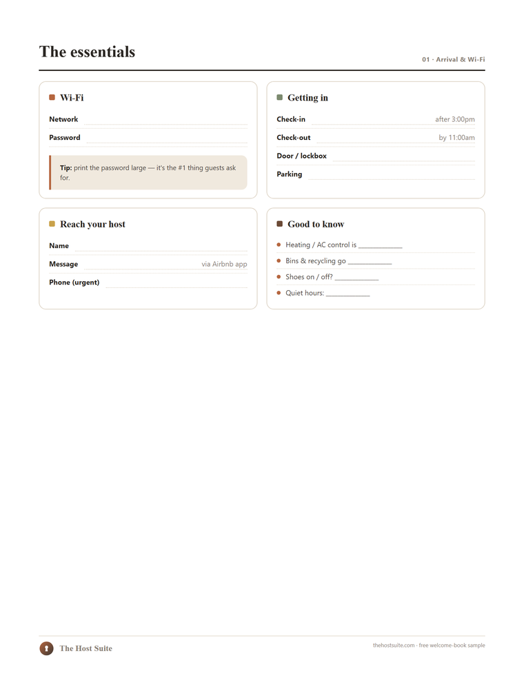 The essentials page of the free Airbnb welcome book template, Wi-Fi, check-in and check-out, host contact and good-to-know cards